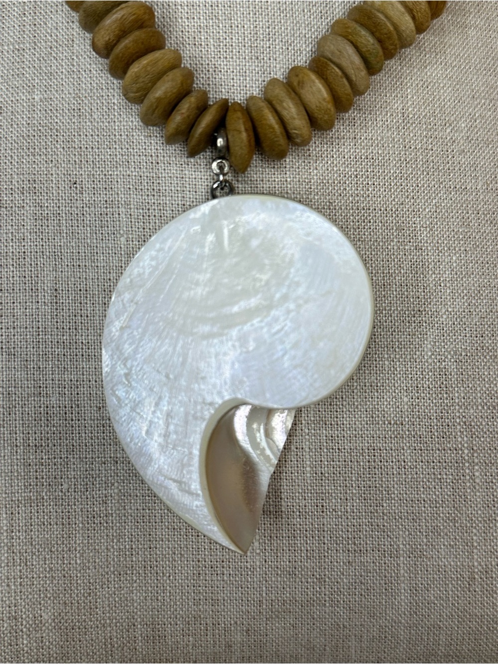 Iridescent Shell Pendant Necklace with Tan Bead Strand - Picture 7 of 7